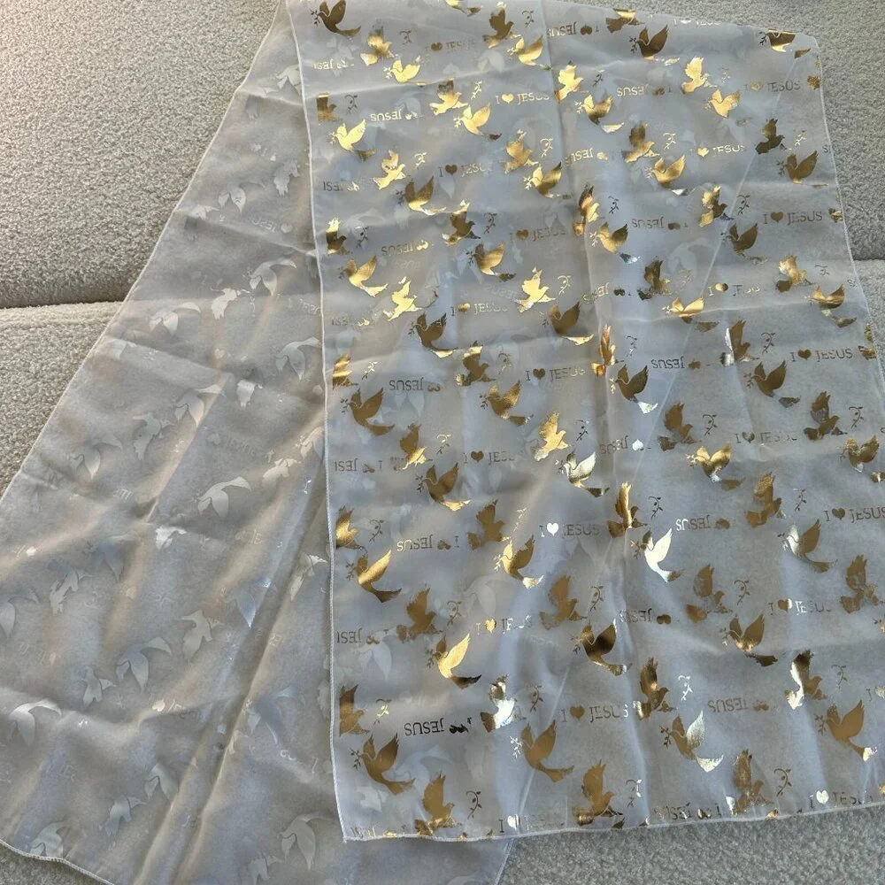 Women's shear scarf with gold bird decal‎